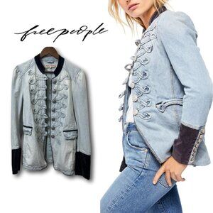 Free People Womens Jacket Medium Striped Denim Military Style Button Blazer